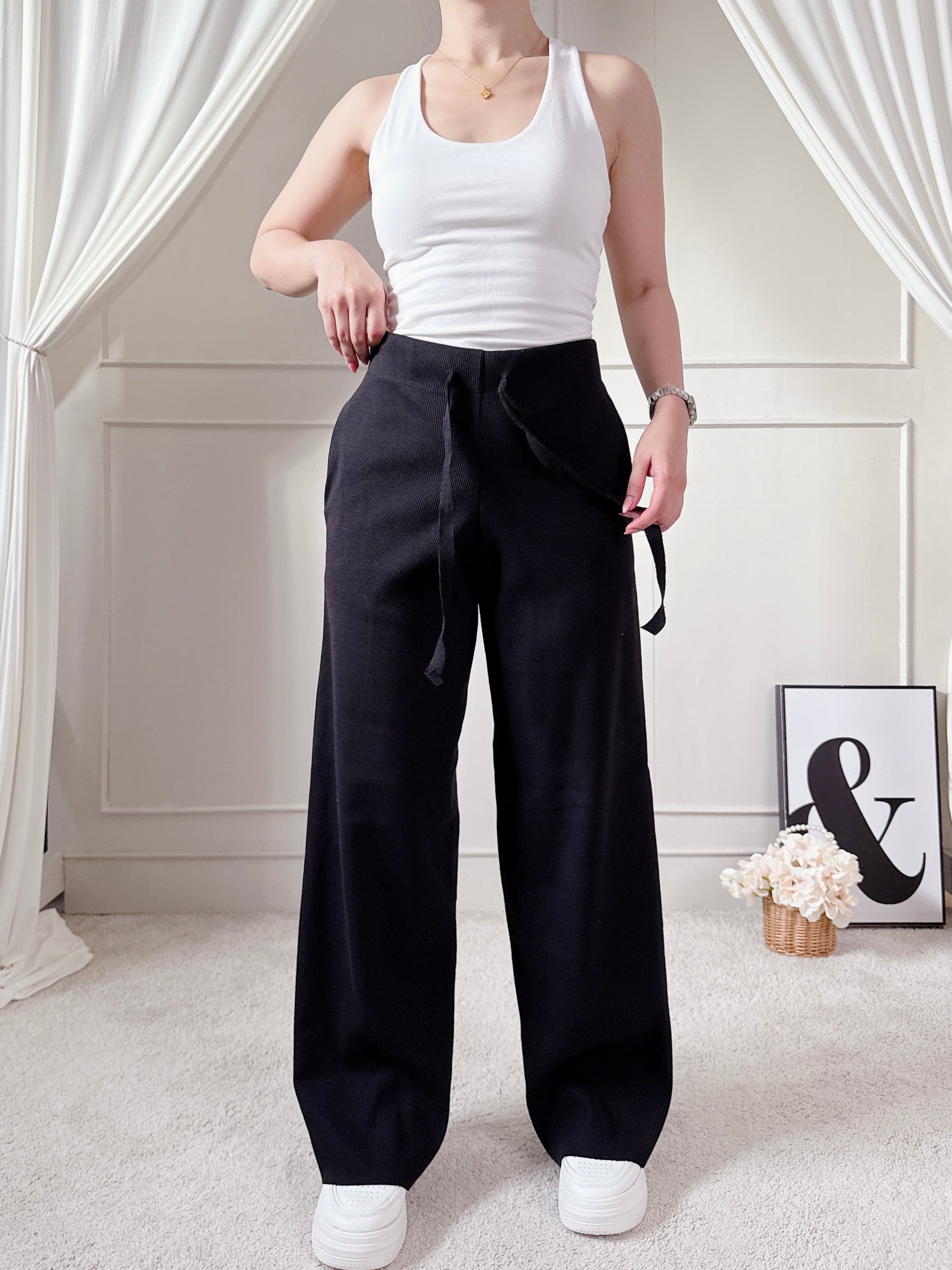 Chill High Waist Wide Leg Knitted Pants with Two Side Pockets Comfy Loose Fit