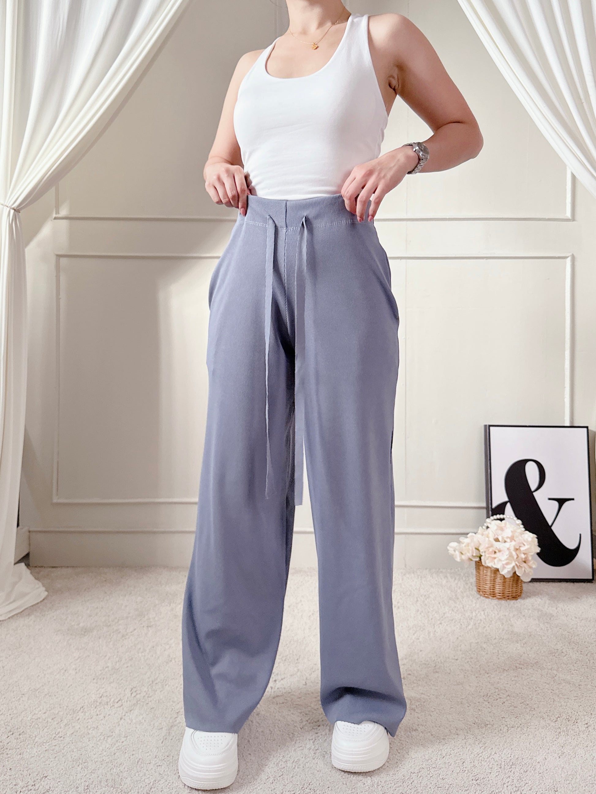 Chill High Waist Wide Leg Knitted Pants with Two Side Pockets Comfy Loose Fit