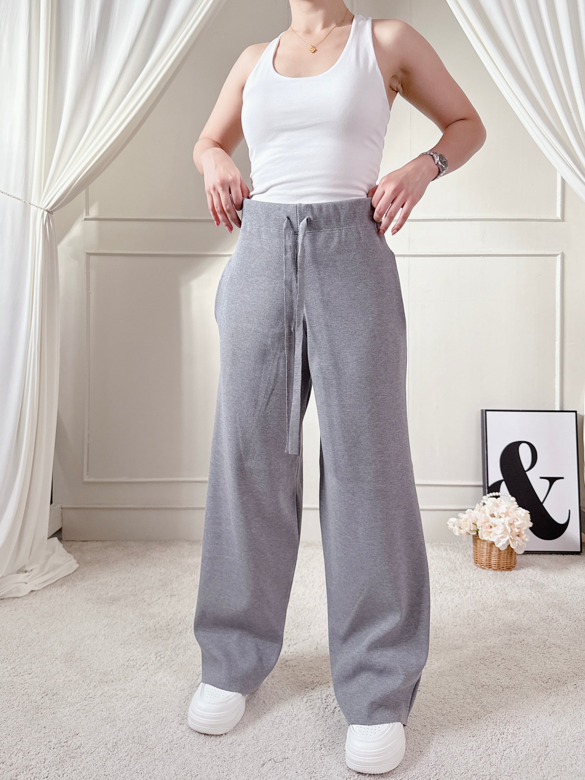 Chill High Waist Wide Leg Knitted Pants with Two Side Pockets Comfy Loose Fit