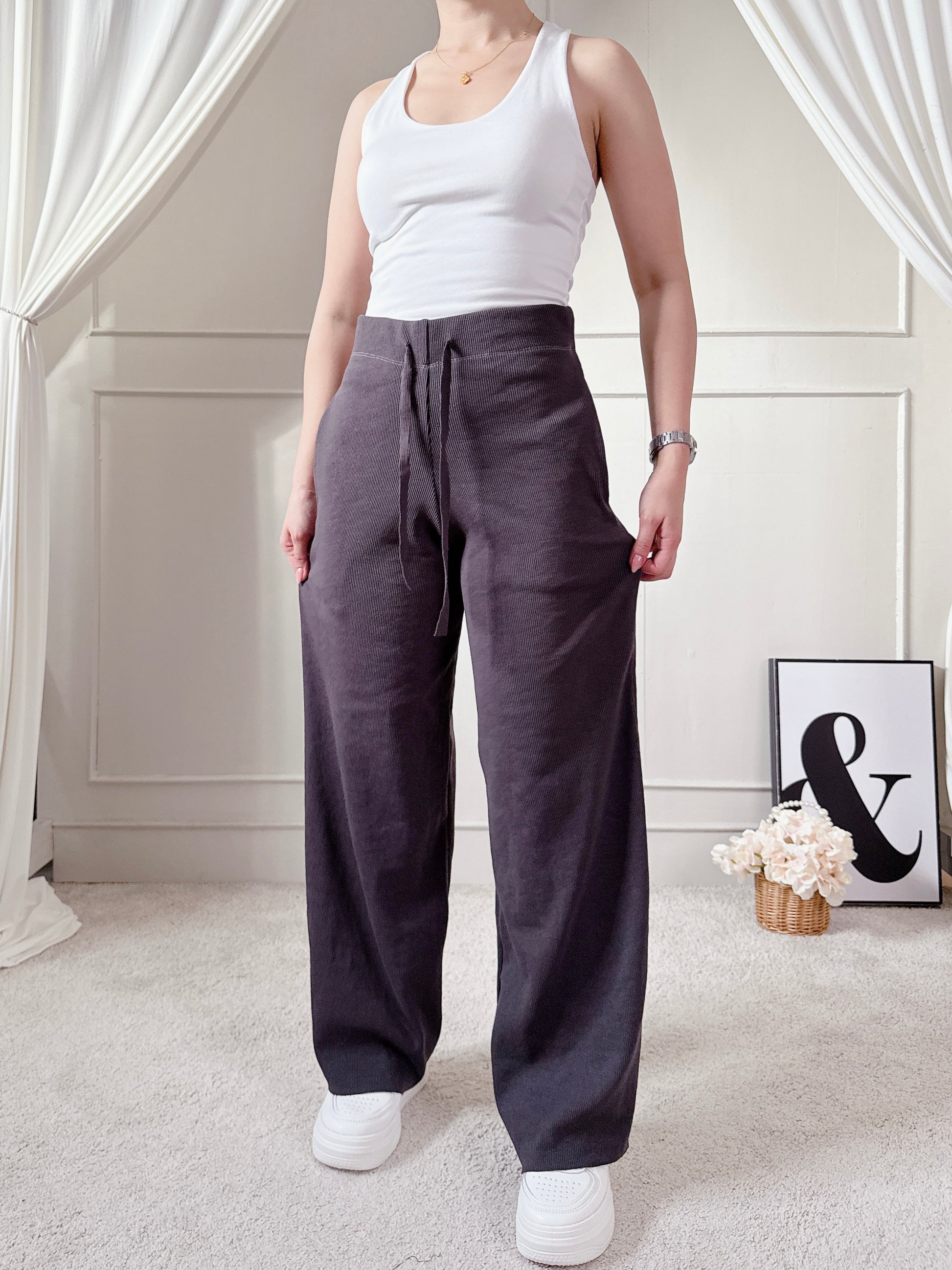 Chill High Waist Wide Leg Knitted Pants with Two Side Pockets Comfy Loose Fit